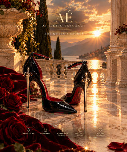 THE QUEEN'S SECRET DAGGER HEELS- IN CHAMPAGNE NUDE & GLOSSY BLACK