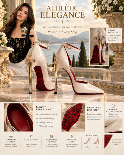 THE QUEEN'S SECRET DAGGER HEELS- IN CHAMPAGNE NUDE & GLOSSY BLACK