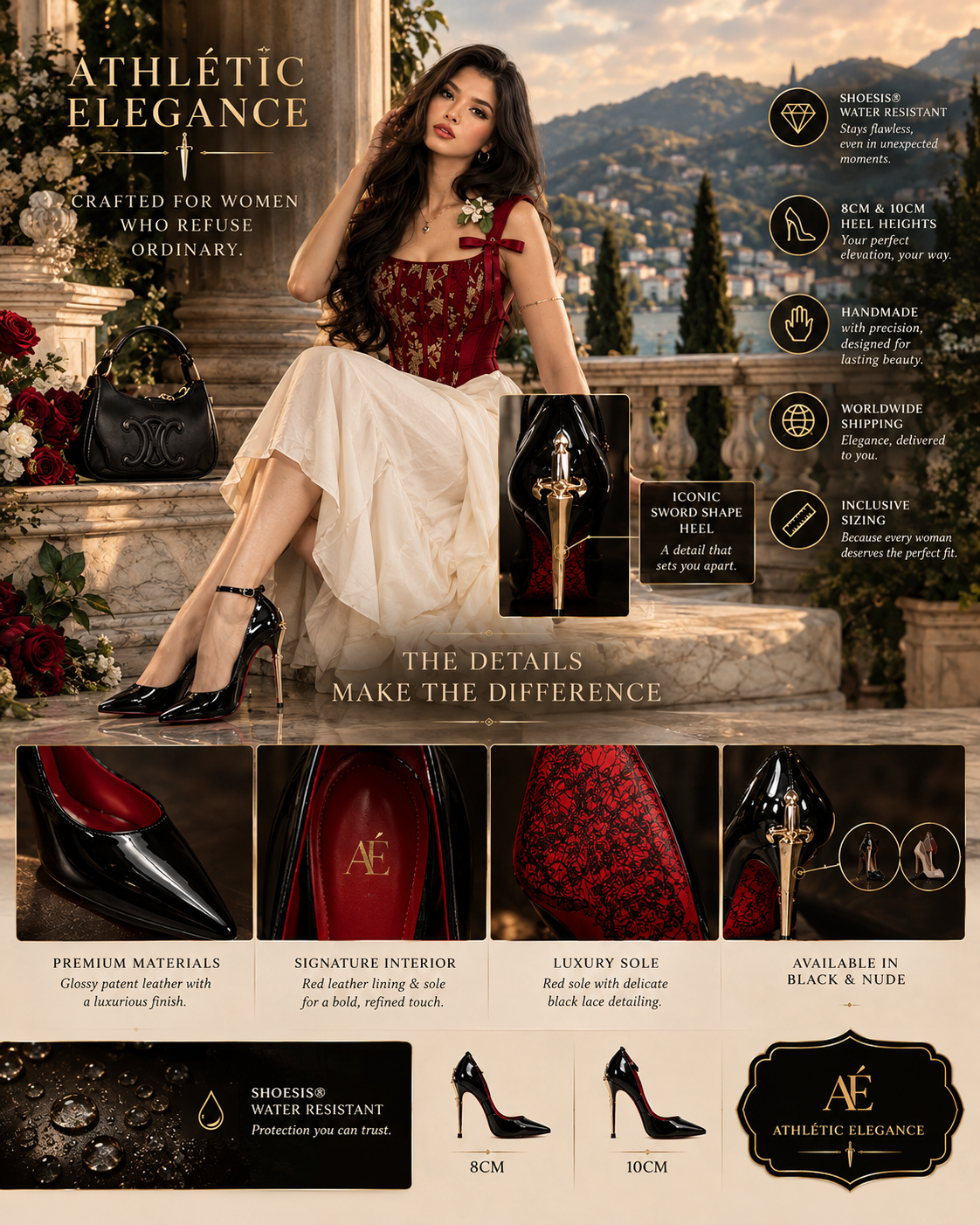 THE QUEEN'S SECRET DAGGER HEELS- IN CHAMPAGNE NUDE & GLOSSY BLACK