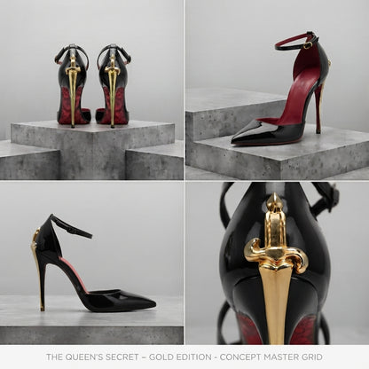 THE QUEEN'S SECRET DAGGER HEELS- IN CHAMPAGNE NUDE & GLOSSY BLACK