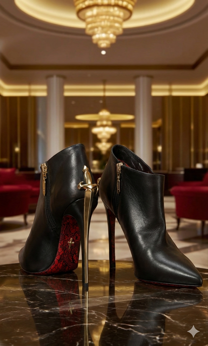 Black high-heeled shoes with red interior on a reflective surface in an elegant room.