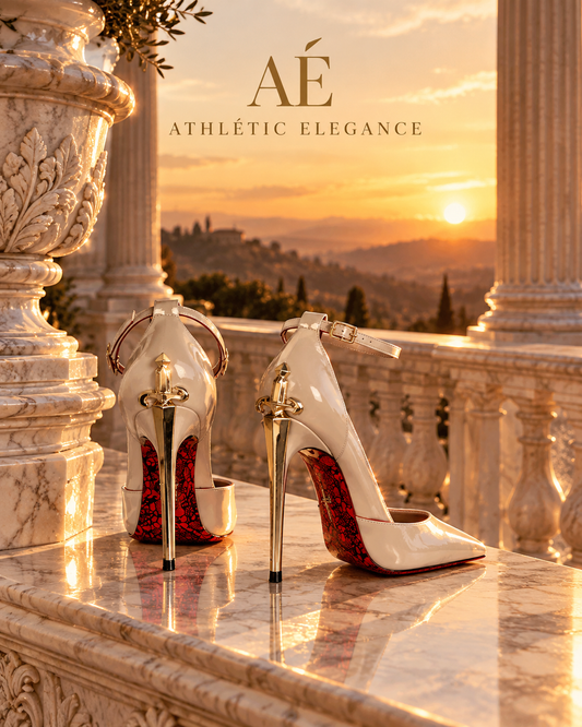 THE QUEEN'S SECRET DAGGER HEELS- IN CHAMPAGNE NUDE & GLOSSY BLACK
