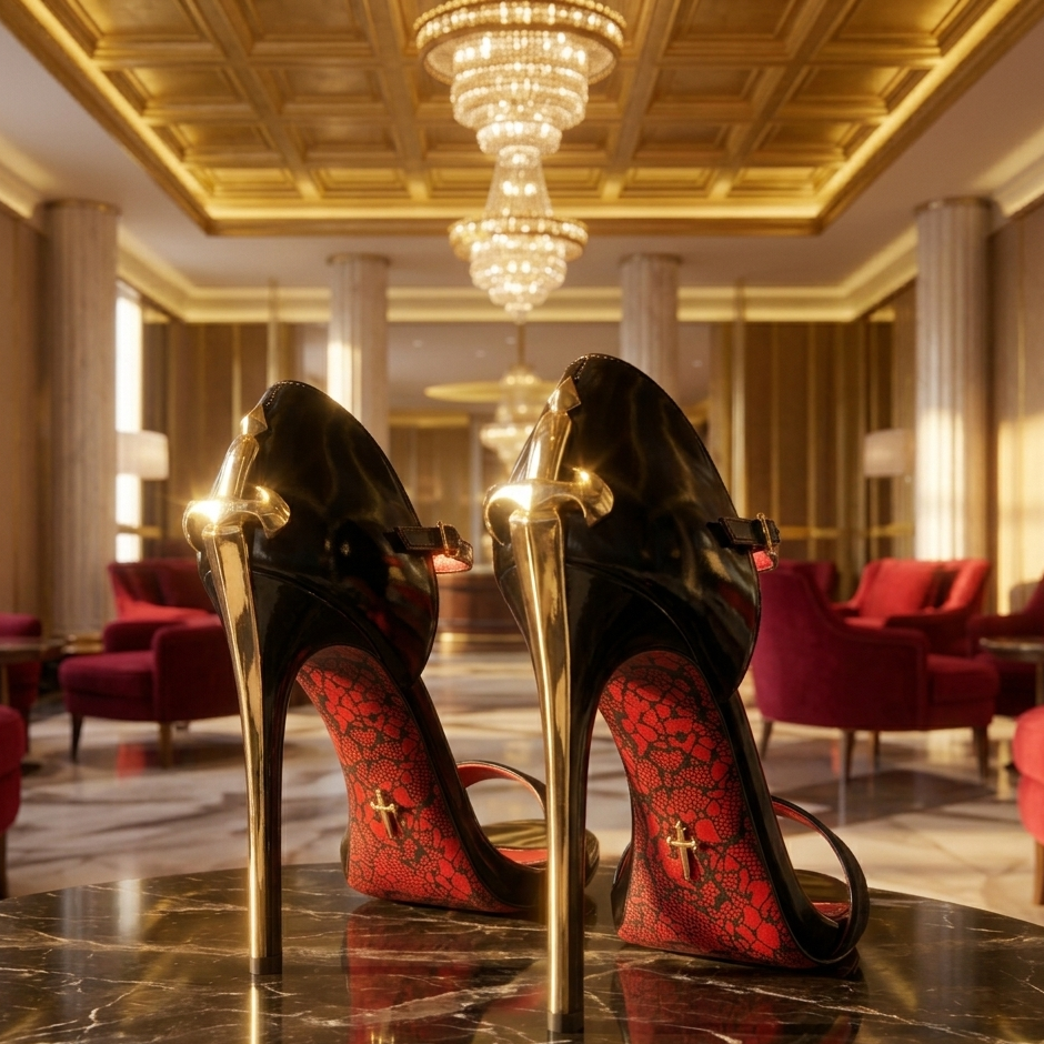 Red high-heeled shoes with gold straps on a marble surface in an elegant room with chandeliers and red chairs.