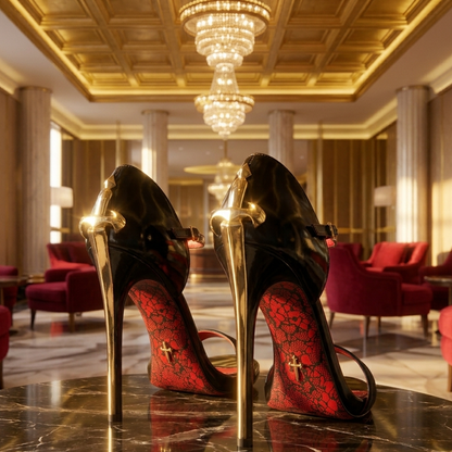 Red high-heeled shoes with gold straps on a marble surface in an elegant room with chandeliers and red chairs.
